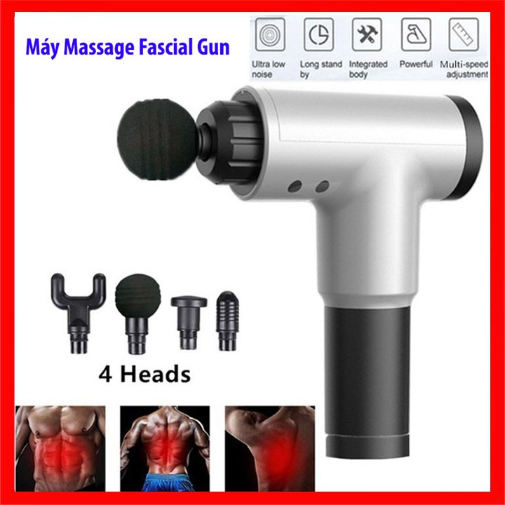 Máy Massage 4 Đầu 6 Chế Độ Fascial Gun Trị Nhức Mỏi Vai Gáy,Đau Giãn Căng Cơ