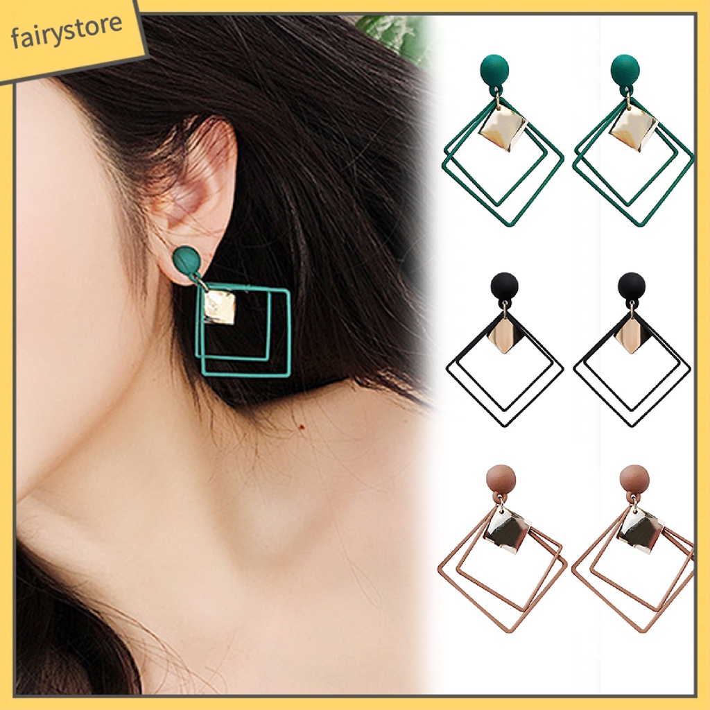 Bông tai hình 2 mặt vuông rỗng thời thượng sang trọng