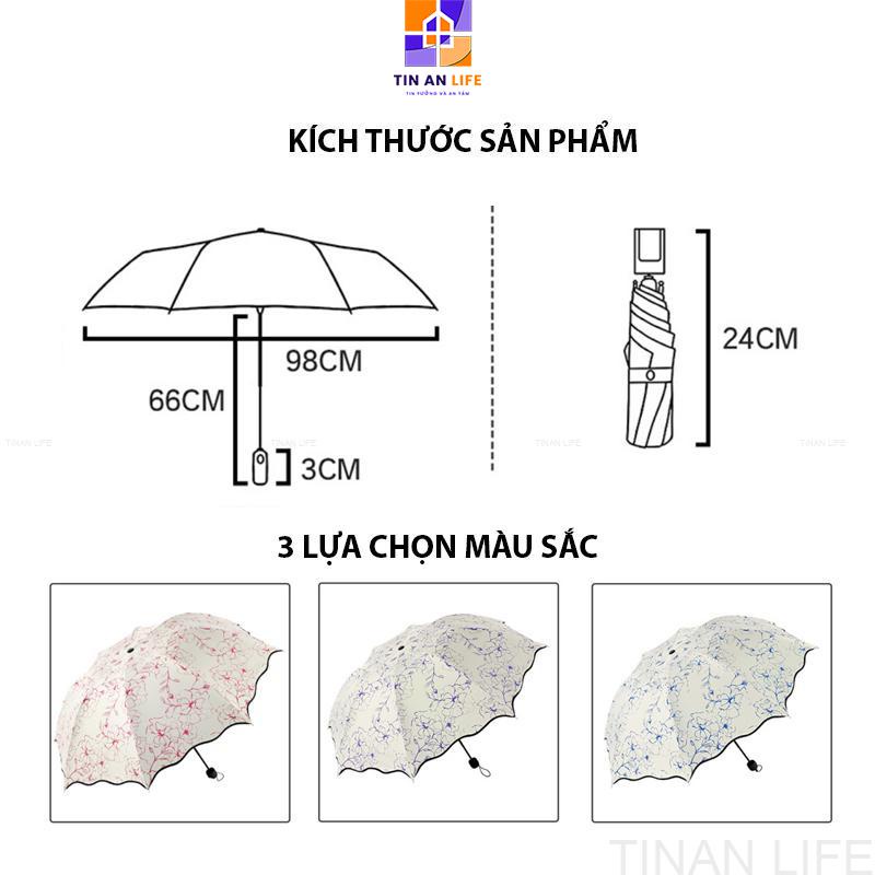 Ô Dù Đi Mưa Đi Nắng Gấp Gọn, Trắng Họa Tiết Hoa, Chống Nắng
