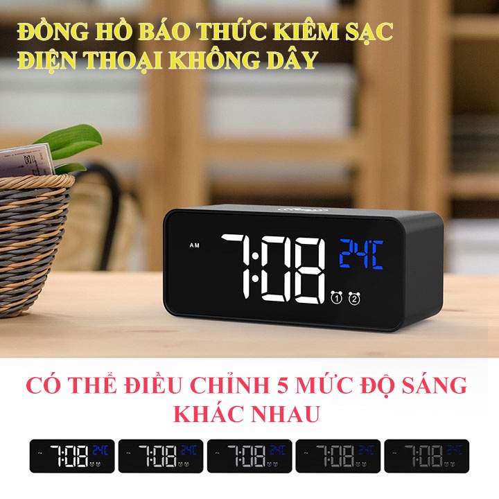 Đồng Hồ Báo Thức Điện Tử LED Kiêm Sạc Điện Thoại Không Dây Cao Cấp