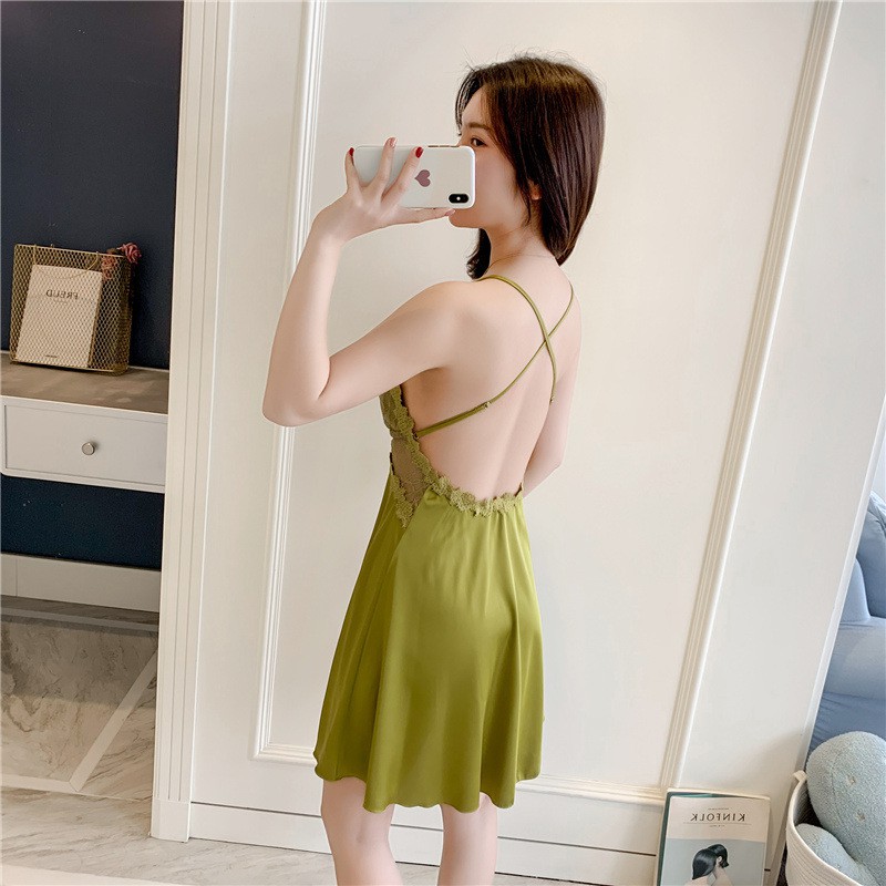 [Sale hàng lẻ size]Váy ngủ lụa chéo lưng phối ren VNN-0095