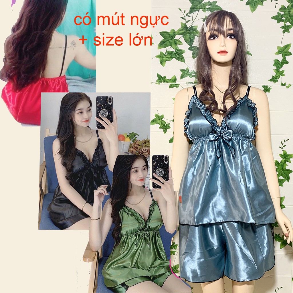 Đồ ngủ lụa bigsize hai dây sexy nữ lụa phi có mút, hở lưng, DN3