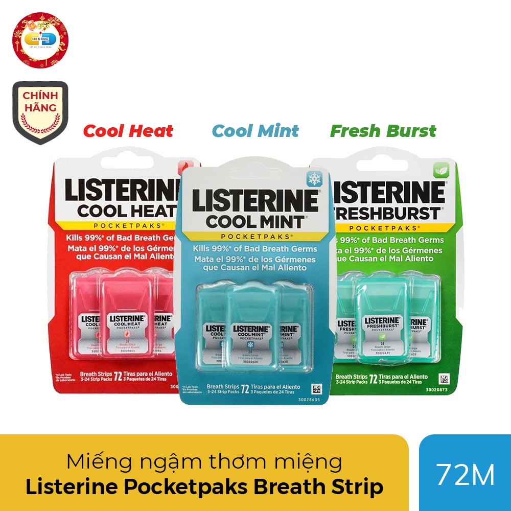 Miếng ngậm thơm miệng Listerine Pocketpaks Breath Strips trị hôi mệng [Cool Mint] [Cool Heat] [Fresh Burst], Vỉ 72 miếng