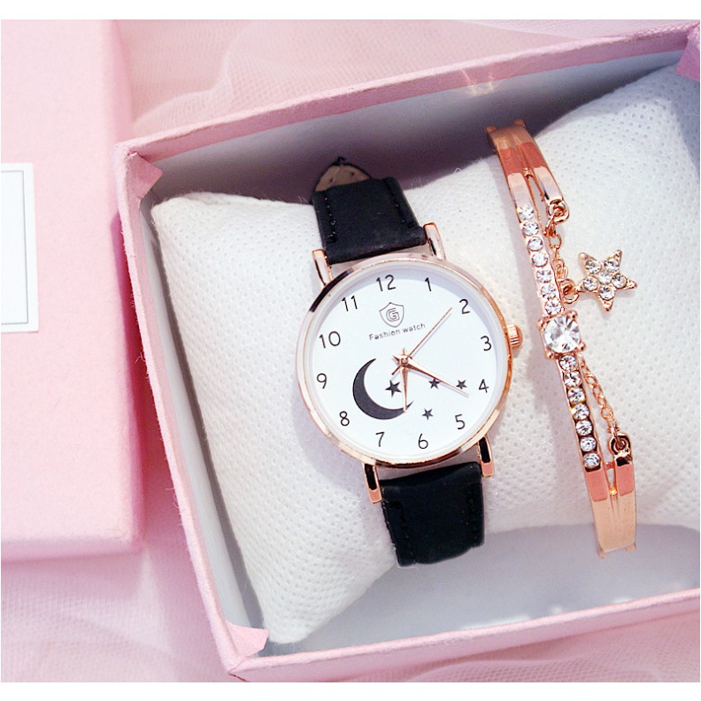 (Ko tặng lắc) Đồng hồ thời trang nữ Fashion Watch W3 dây da lộn mặt trăng sao