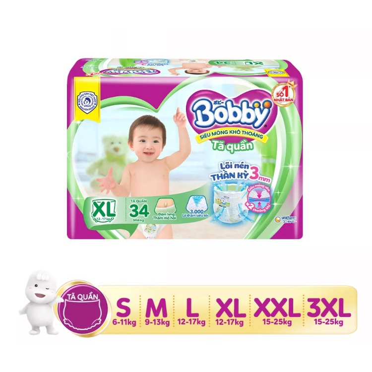 [GIÁ THÙNG 4 GÓI] Tã Quần Bobby Đệm Thấm Lưng Mồ Hôi Size S46/M42/L38/XL34/XXL30/XXXL22 Miếng