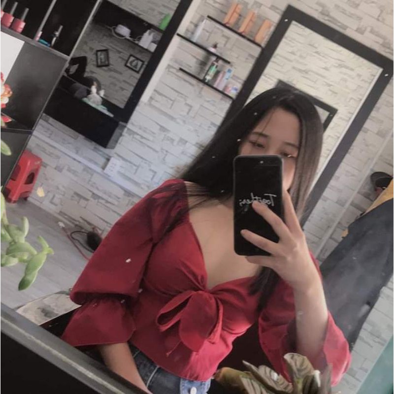 Áo croptop nữ tay loe có mút ngực kèm ảnh khách mang