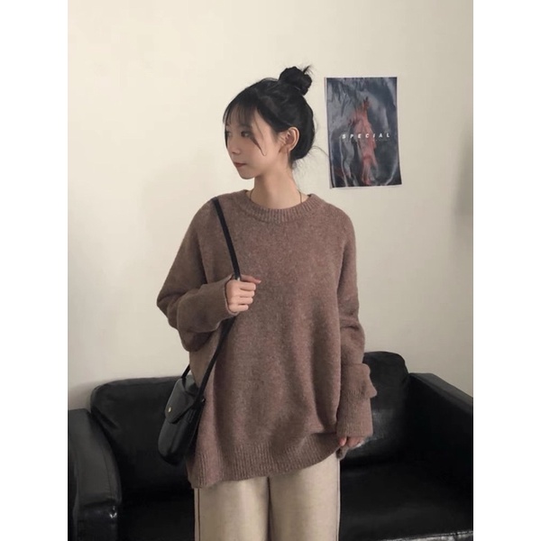 Áo len cổ tròn dáng ôm màu trơn