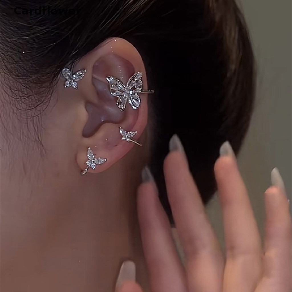 &lt; Cardflower &gt; Khuyên Kẹp Vành Tai Không Xỏ Lỗ Hình Bướm / Lông Vũ Màu Bạc Lấp Lánh Trang Sức Đám Cưới Cho Nữ