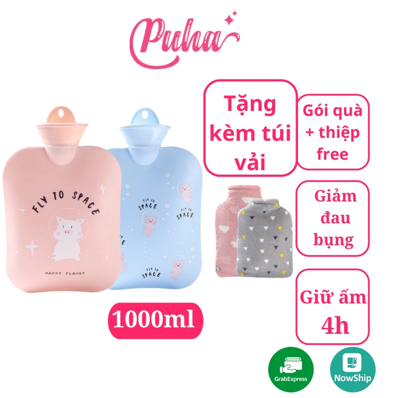 Túi chườm nóng lạnh 1000ml Puha, túi sưởi ấm bụng kinh hình cute Pig big zize 1000ml , tặng kèm túi vải bông mềm mại.