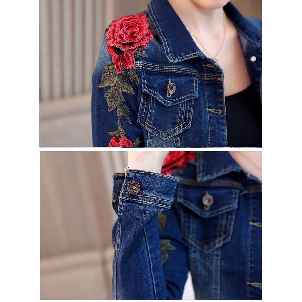 Áo khoác jean thêu hoa hồng