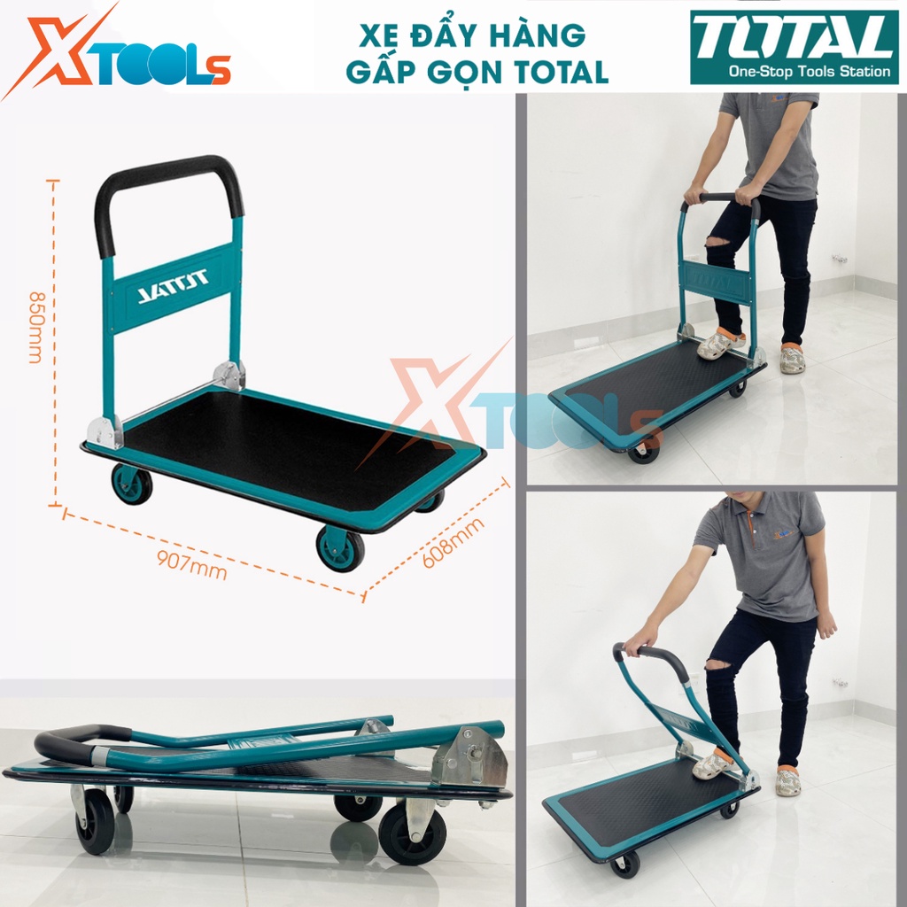 Xe đẩy hàng gấp gọn TOTAL tải trọng 150kg và 300kg, xe đẩy sàn 100% bằng thép, tay cầm gấp gọn, có miếng chống trơn