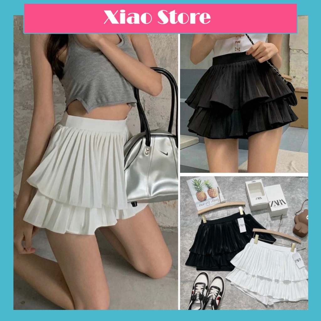 Chân váy tennis xếp ly đen trắng lưng cao ngắn bigsize trơn ulzzang Chân Váy Xếp Li 2 Tầng Có Kèm Quần Trong Như Ảnh Váy