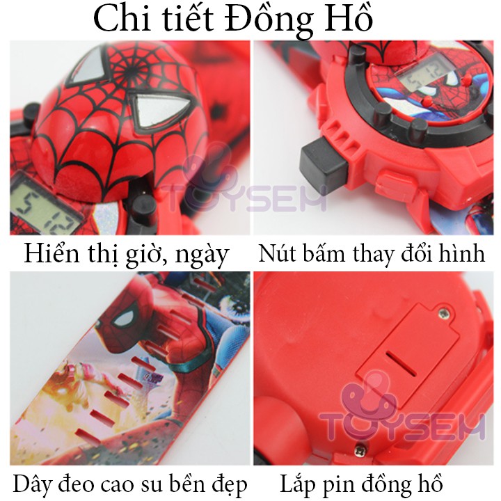 Đồng hồ chiếu lên tường Toysem 24 hình cho trẻ em với nhân vật người nhện, người sắt - Quà tặng sinh nhật cho bé