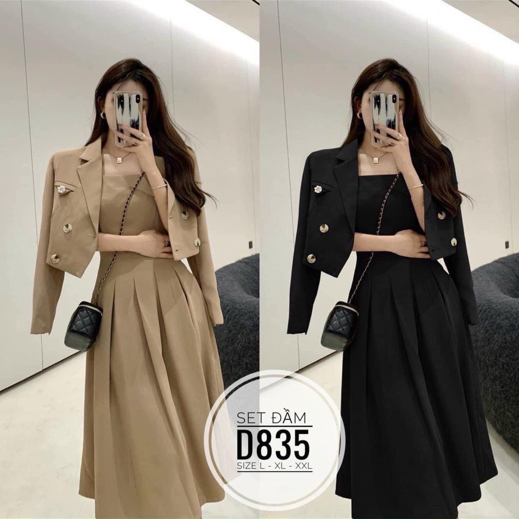 Set 2 món váy dây dáng dài xòe nhẹ mix áo vest ngắn siu sang
