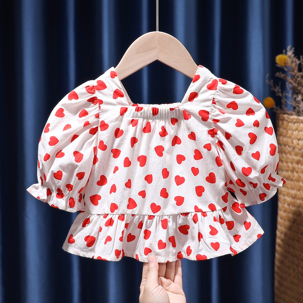 Áo Thun Cotton Tay Phồng In Họa Tiết Trái Tim Phong Cách Hàn Quốc Thời Trang Mùa Hè Cho Bé Gái