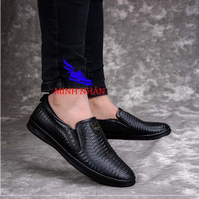 Giày lười nam da bò thật công sở slip on xỏ mẫu mới nhất vân sóng đẹp độc đáo hàng hiệu thời trang giá rẻ S-1 màu đen