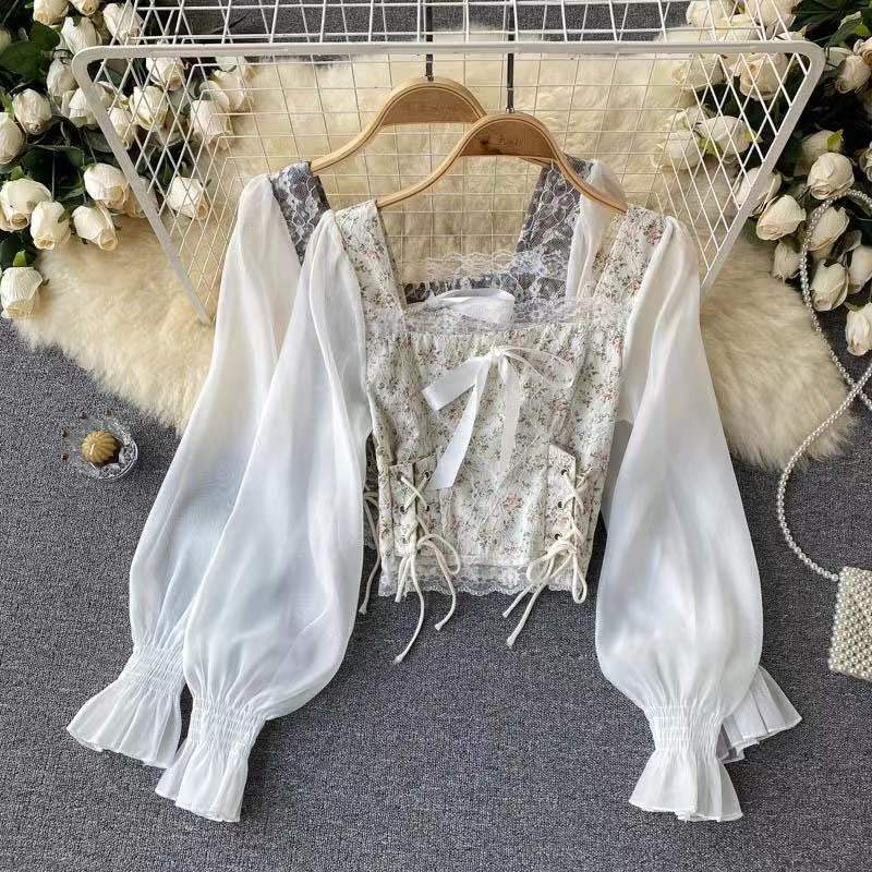 Áo kiểu BH crop top tay dài phối ren mẫu 2022 thời trang mùa xuân xinh xắn dành cho nữ