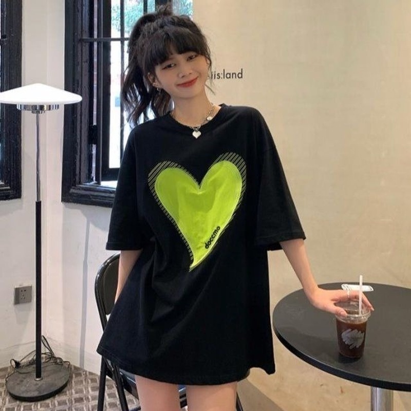 Đầm Lửng Dáng Rộng Cổ Tròn In Hình Trái Tim Thời Trang Mùa Hè Hàng Mới