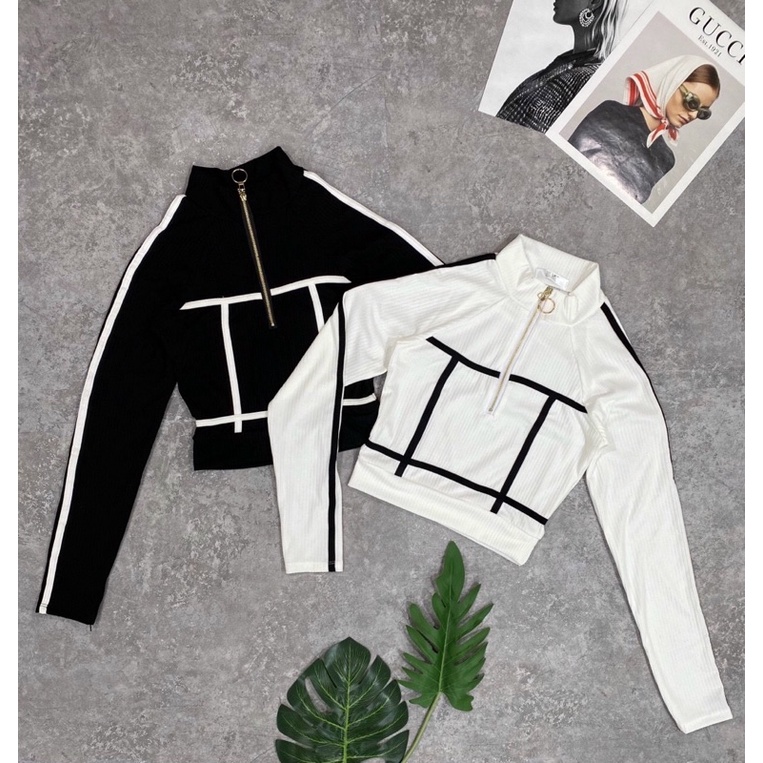 Áo croptop tăm sọc khoá thể thao cá tính
