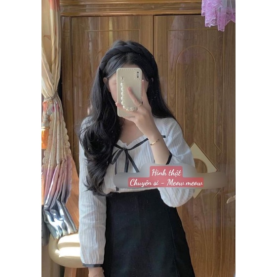 Áo sơ mi tiểu thư cổ vuông cột nơ Quảng Châu Meow meow