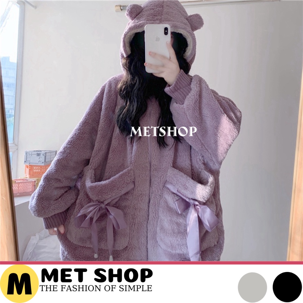 Bộ ngủ lông cừu giữ nhiệt mùa đông túi thắt nơ dễ thương ,BNL02,bộ đồ mặc nhà nhung bông mềm mịn 2 màu hồng tím - METSHO | BigBuy360 - bigbuy360.vn