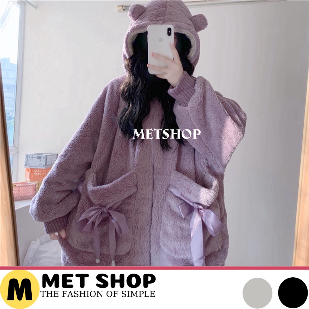 Bộ ngủ lông cừu giữ nhiệt mùa đông túi thắt nơ dễ thương ,BNL02,bộ đồ mặc nhà nhung bông mềm mịn 2 màu hồng tím - METSHO