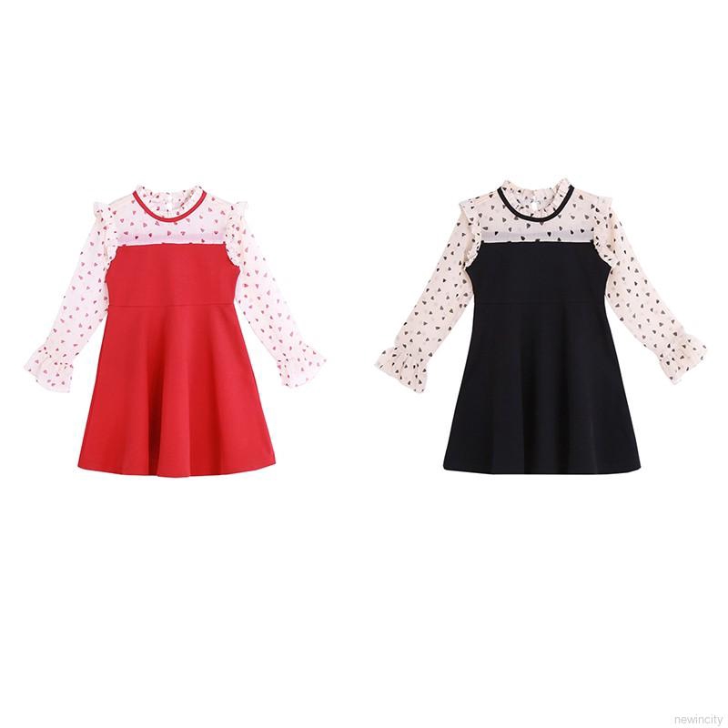 Đầm tay dài phồng in họa tiết trái tim phong cách Hàn Quốc thời trang cho bé gái