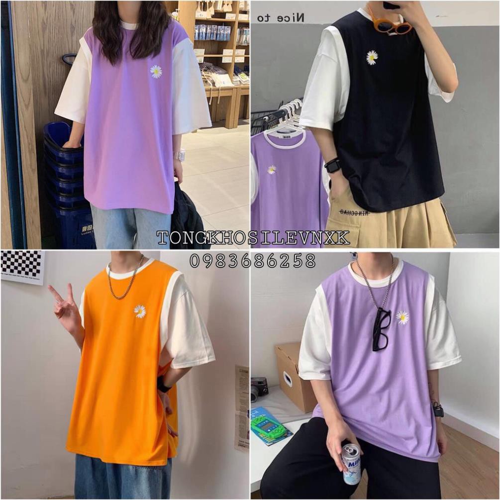 ÁO KIỂU RAGLAN THÊU HOA CÚC TÍM ĐEN CAM UNISEX - ÁO GILE PHỐI HOA CÚC TAY TRẮNG FORM TO New