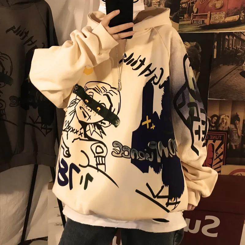 Áo Hoodie Lót Nhung Dáng Rộng Họa Tiết Graffiti Phong Cách Hip Hop Cá Tính Cho Nam