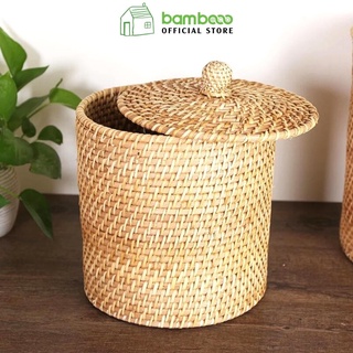 Giỏ đựng đồ mây tre đan BAMBOOO ECO hình trụ có nắp thân thiện môi trường phong cách Nhật