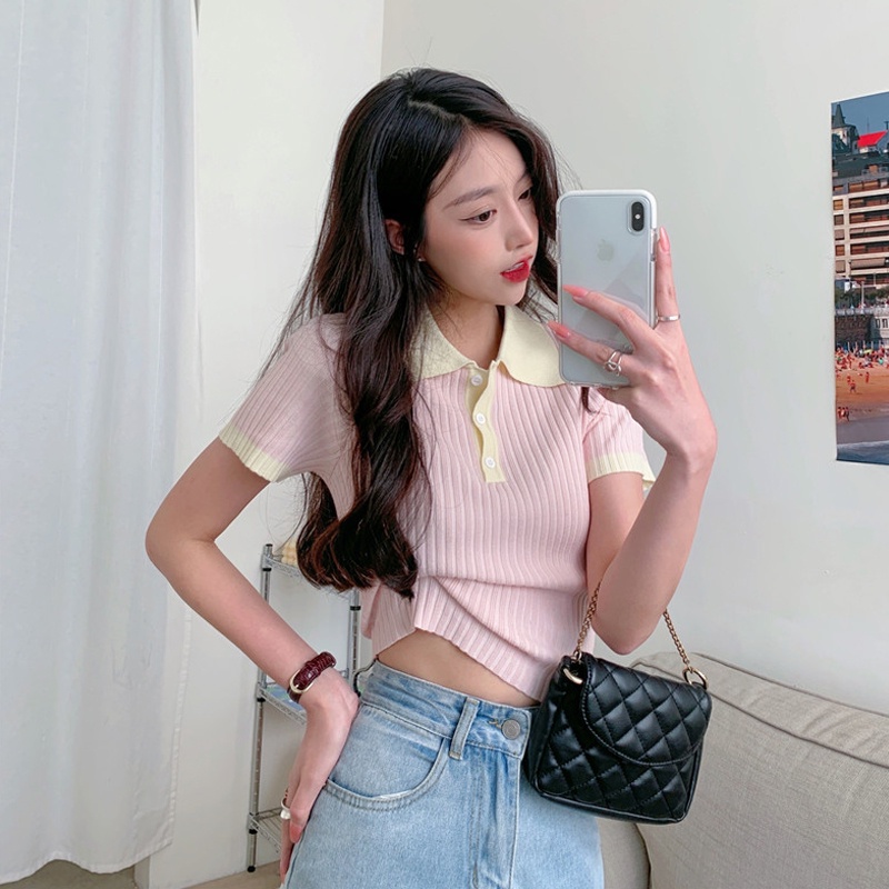 Áo dệt kim NRVP ngắn tay cổ bẻ thời trang phong cách