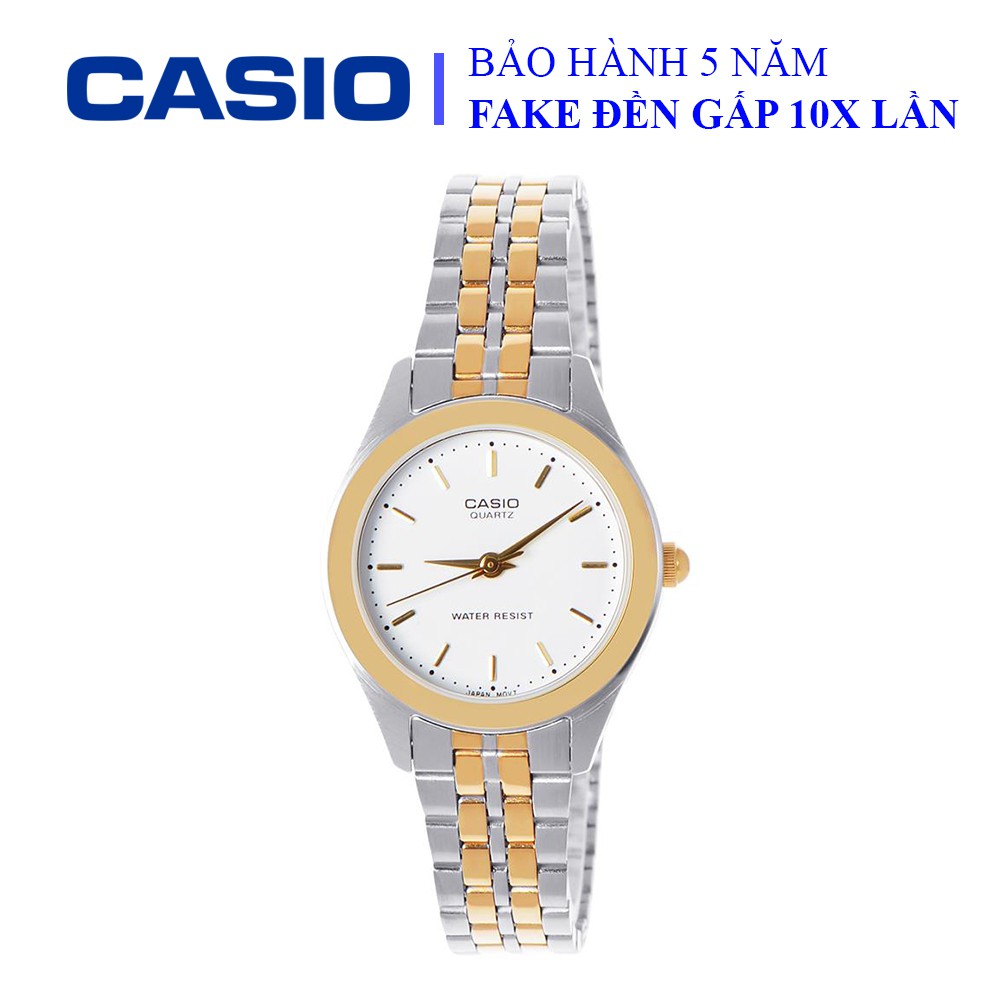 Đồng hồ Casio nữ dây sắt thể thao, mặt trắng viền vàng sang trọng, nữ tính, chống nước WR30M đi bơi (LTP-1129G-7ARDF)
