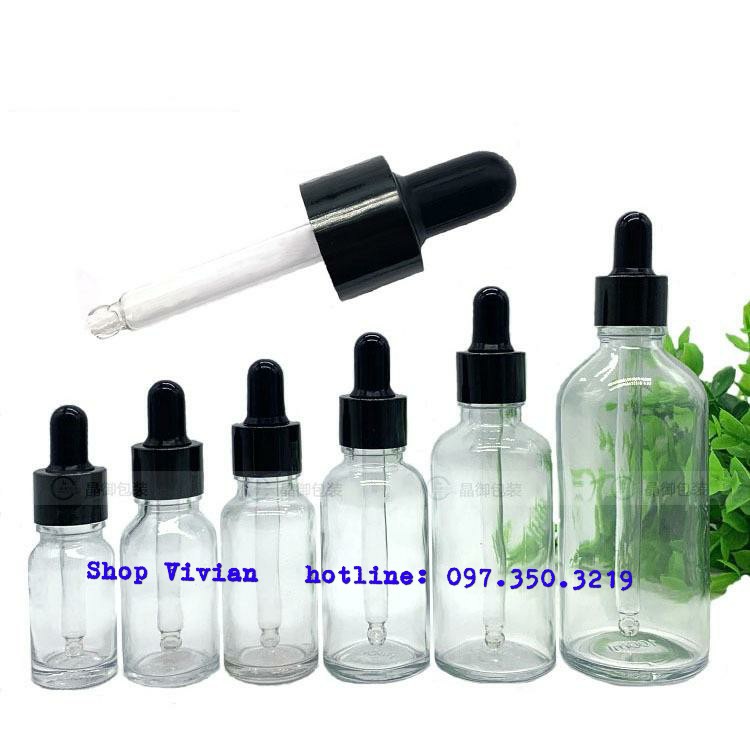 Chai đựng Tinh Dầu, Serum 20ml, Thuỷ Tinh Trong suốt, Nắp Bóp Đen bóng