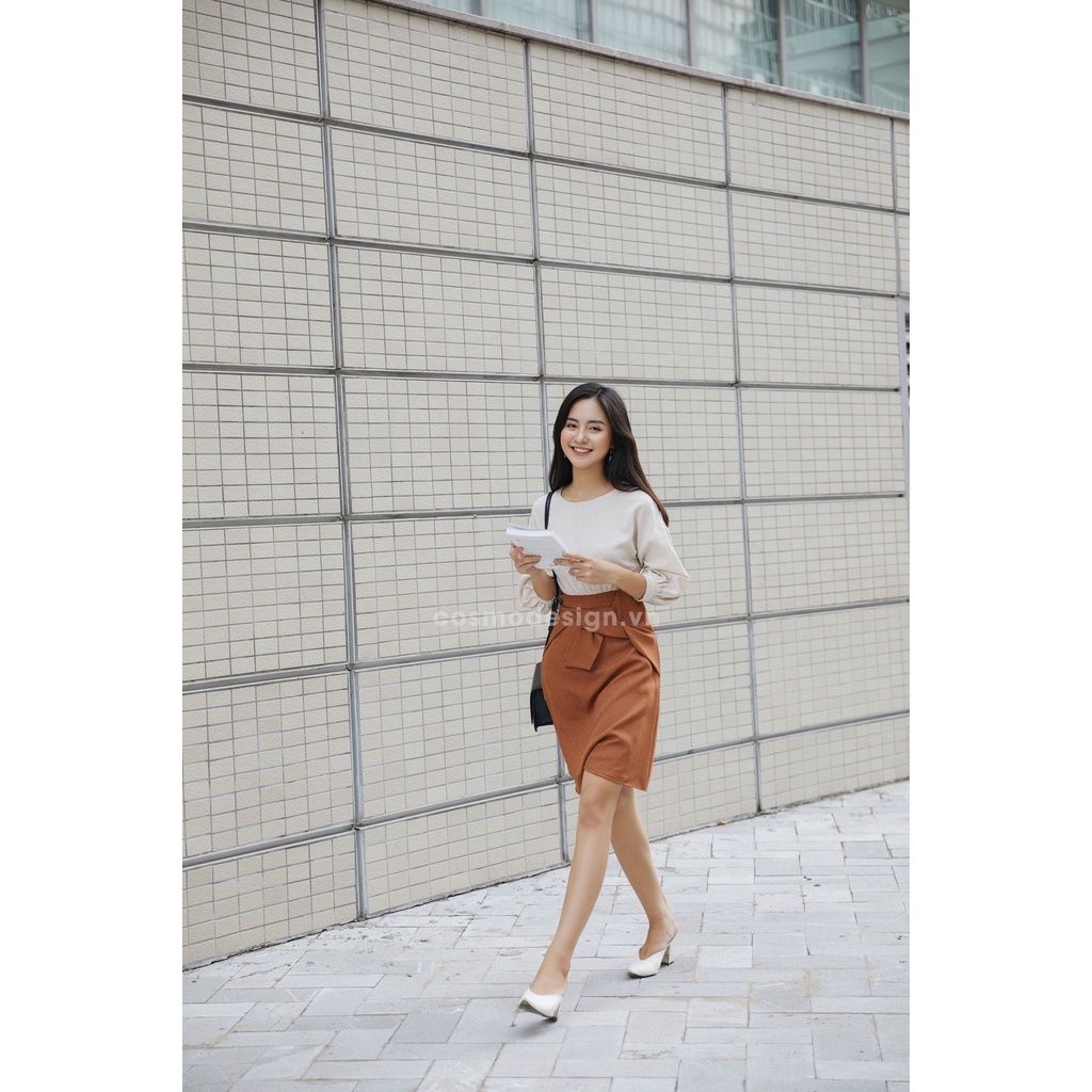 Váy COSMO DESIGN be pha nâu thắt nơ thân dưới