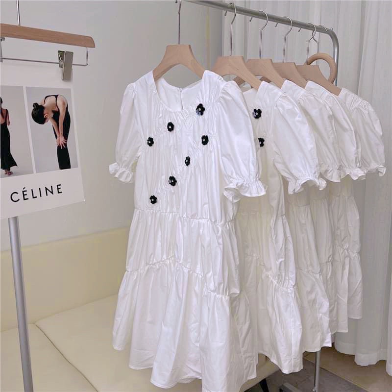 Váy Babydoll trắng Đính hoa đen ulzzang style (hàng Quảng Châu Loại 1) Đầm babydoll form rộng