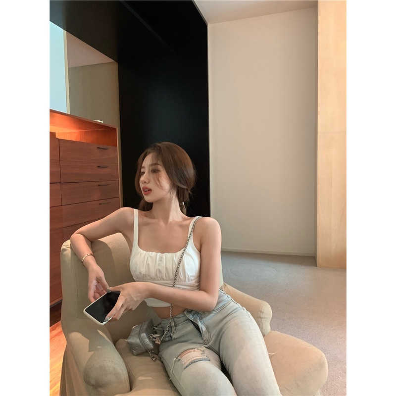 Áo hai dây thun croptop cổ U nhún ngực sexy phom ôm màu trơn BS30