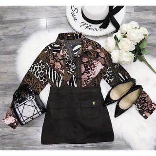 Set áo sơ mi báo chân váy da lộn