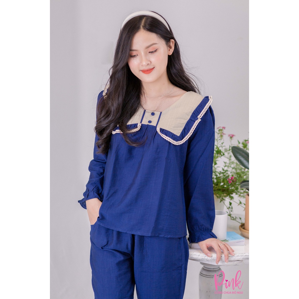 Bộ Đồ Ngủ Pijama Nữ Xanh Dương Vải Đũi Xốp Bộ Mặc Nhà Tay Dài Quần Dài Thoáng Mát Chất Đẹp Cao Cấp Phong Cách Hàn Quốc