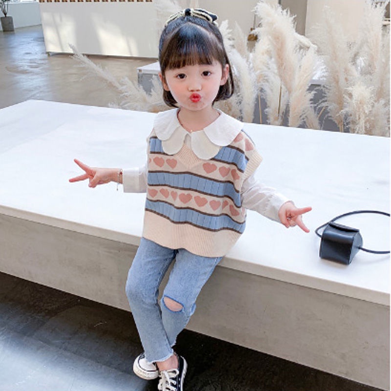 Áo khoác len không tay cổ chữ V họa tiết xinh xắn cho bé gái