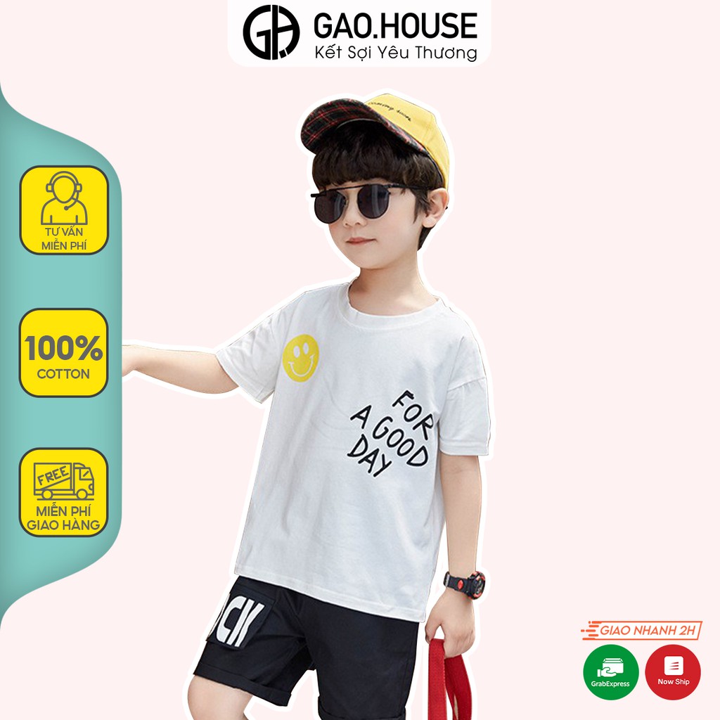 Bộ quần áo thun bé trai Gạo House cotton 4 chiều cổ tròn cộc tay For a good day T33