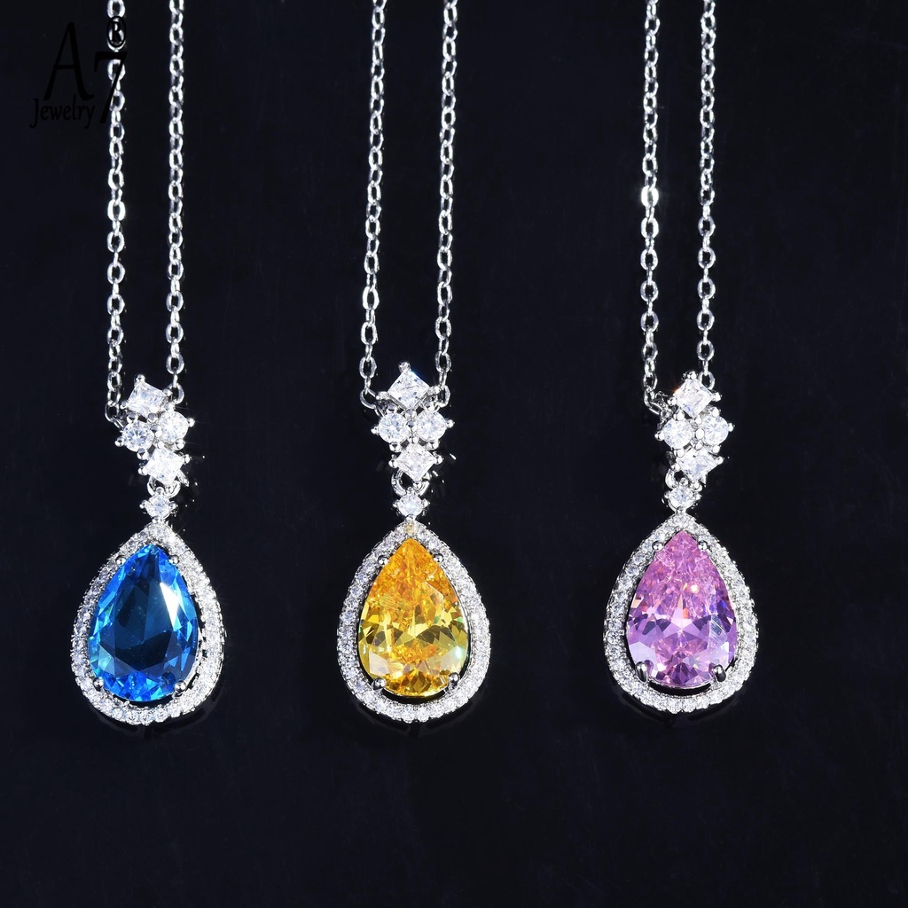 Bộ vòng cổ + bông tai mạ bạc 925 đính đá hình giọt nước màu hồng/xanh dương sang trọng