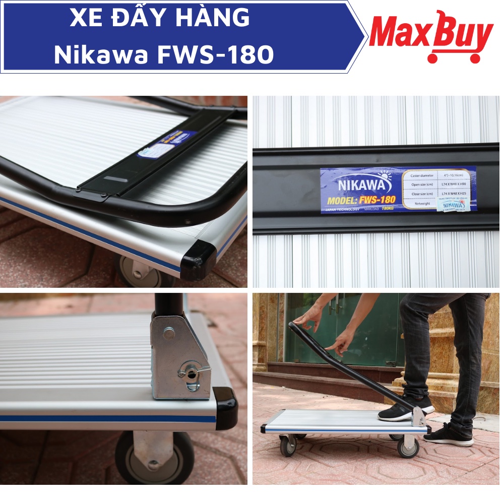 Xe đẩy hàng, xe kéo hàng Nikawa FWS-180, tải trọng 180kg, 4 bánh gấp gọn, sàn nhôm, bảo hành 18 tháng