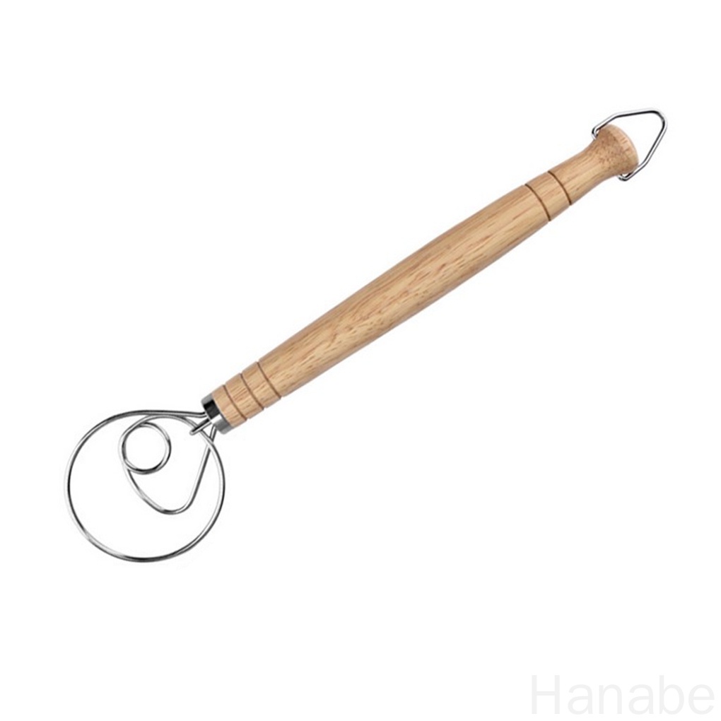 HB-Dough Whisk Wood Handle Stainless Steel Dough Beater Kitchen Baking Mixer Blender, Single Hole