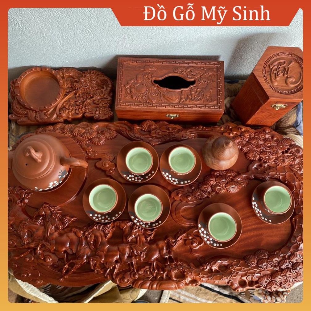 Combo đồ gỗ mỹ nghệ mini mã đáo thành công ấm chén khay trà gỗ hương đỏ, Đồ gỗ nội thất cao cấp hộp giấy lọ tăm