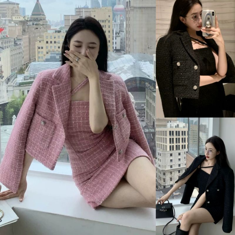 Set dạ hồng đen váy 2 dây + áo khoác lửng tách set