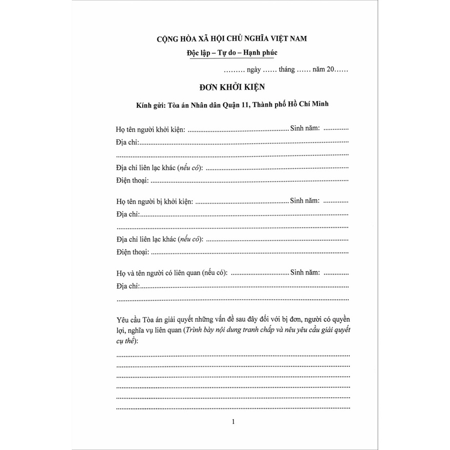 Mẫu đơn ly hôn Quận 11, Thành phố Hồ Chí Minh