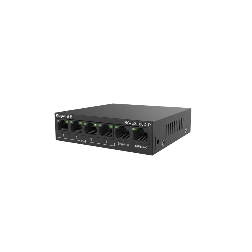 Switch mạng, bộ chia mạng kèm POE Ruijie 6 cổng RG-ES106D-P, 2 cổng uplink (chính hãng Ruiijie Việt Nam)