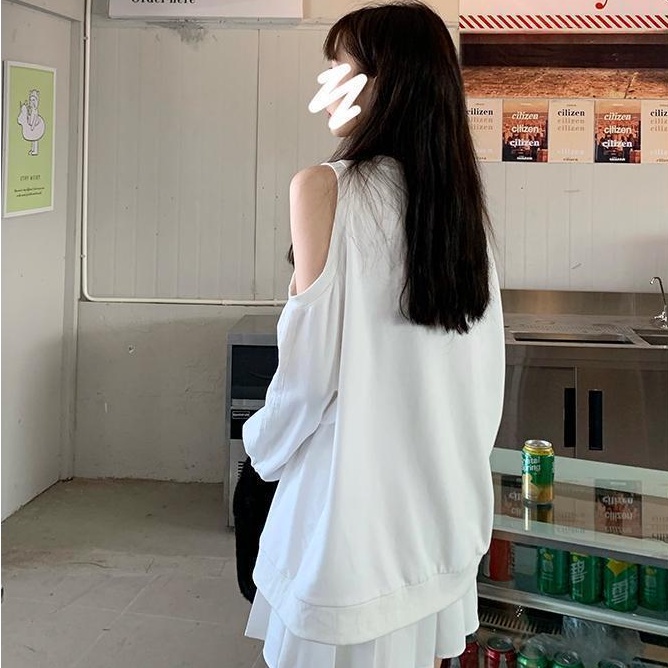 Áo hoodie trễ vai tay dài màu trắng thiết kế độc đáo phong cách Hàn Quốc