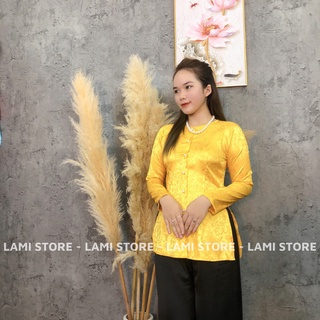 Đồ lam áo bà ba đi chùa kèm quần đen vải lụa gấm cao cấp v29