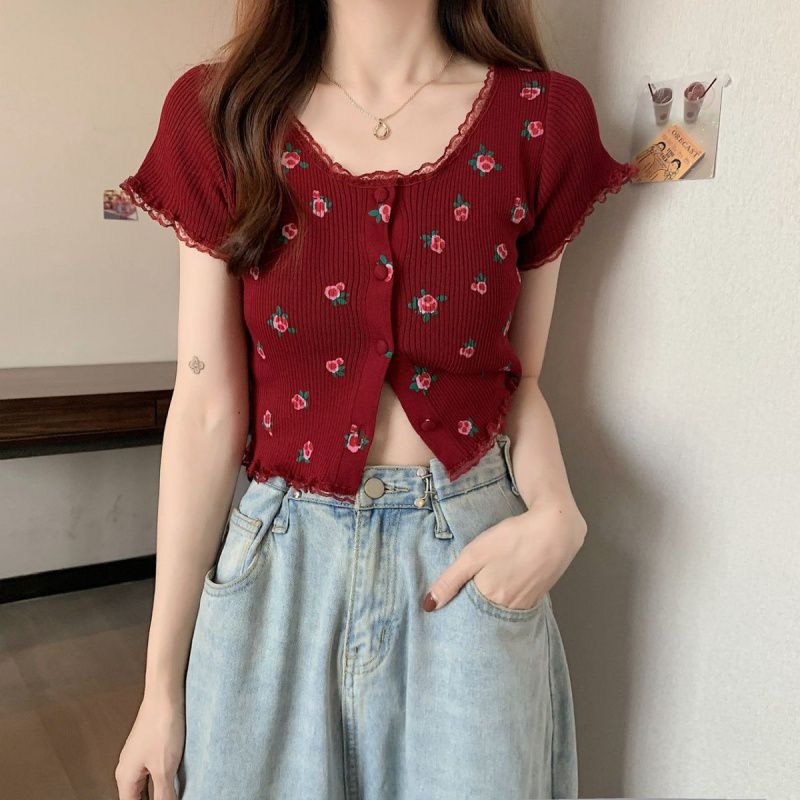 Áo len mỏng hoa nhí nhiều màu thu đông ngắn tay siêu xinh, nữ tính, tiện dụng